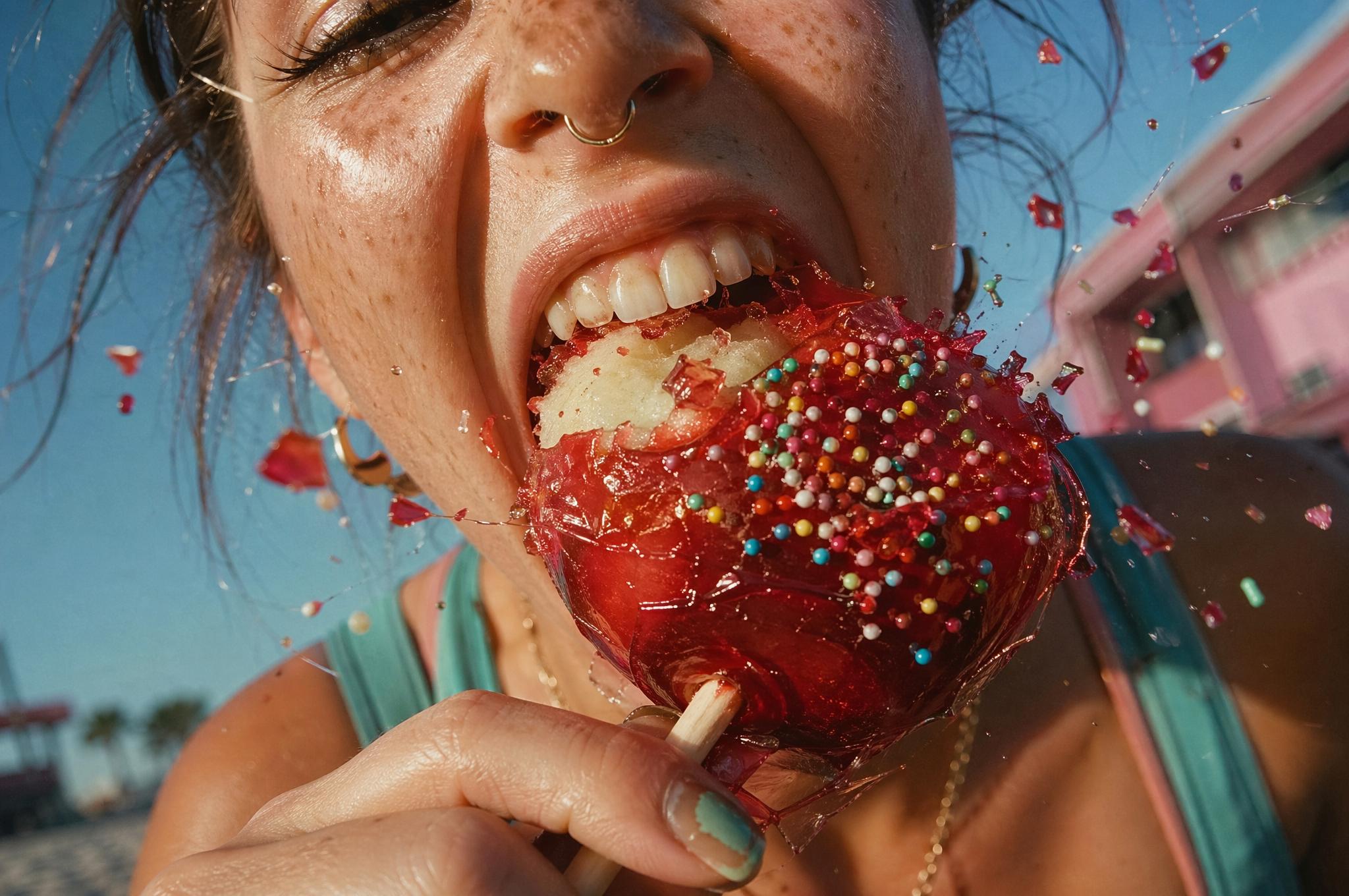 Candy apple on beach.