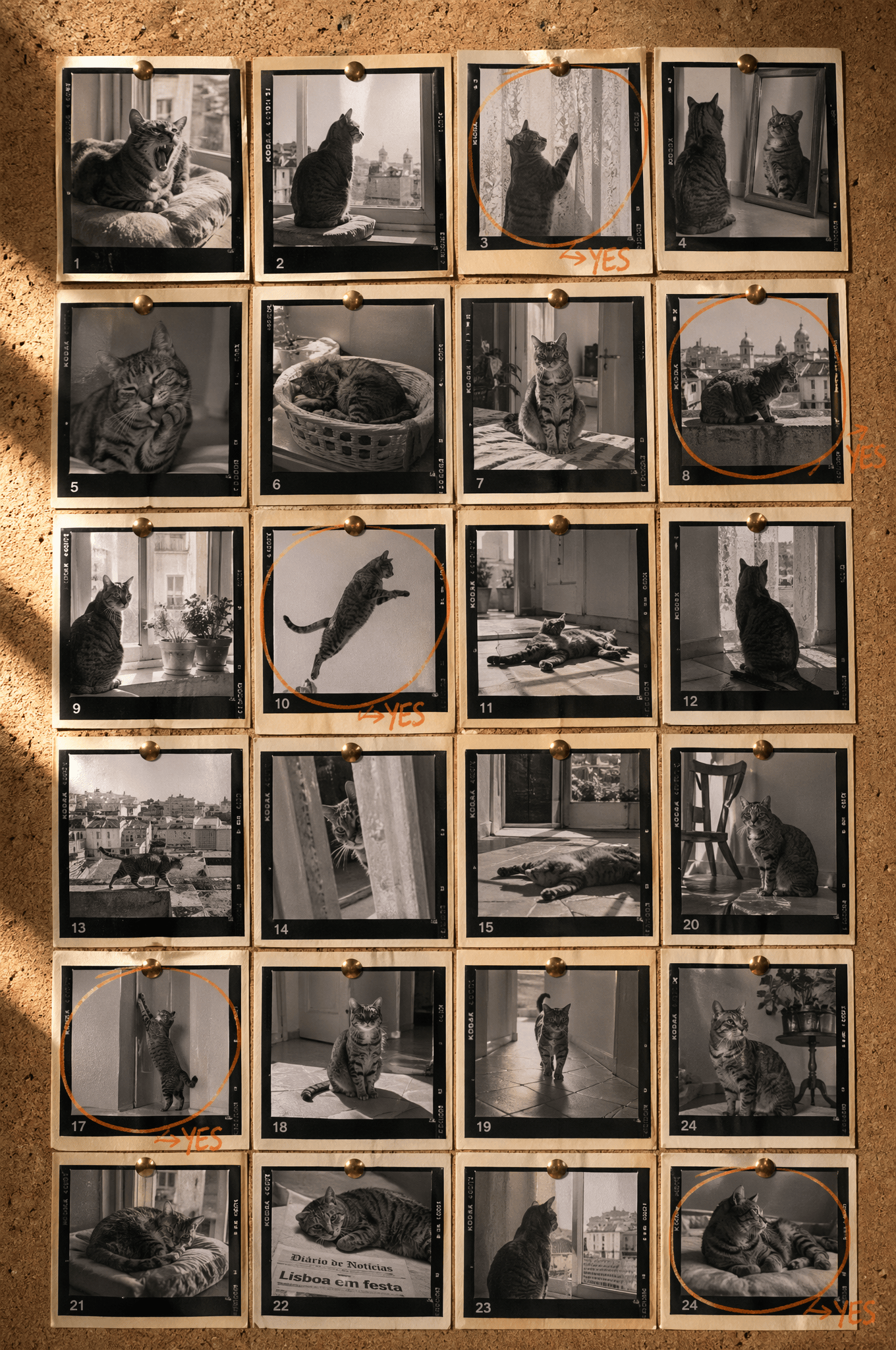 B&W cat contact sheet pinned to cork board.