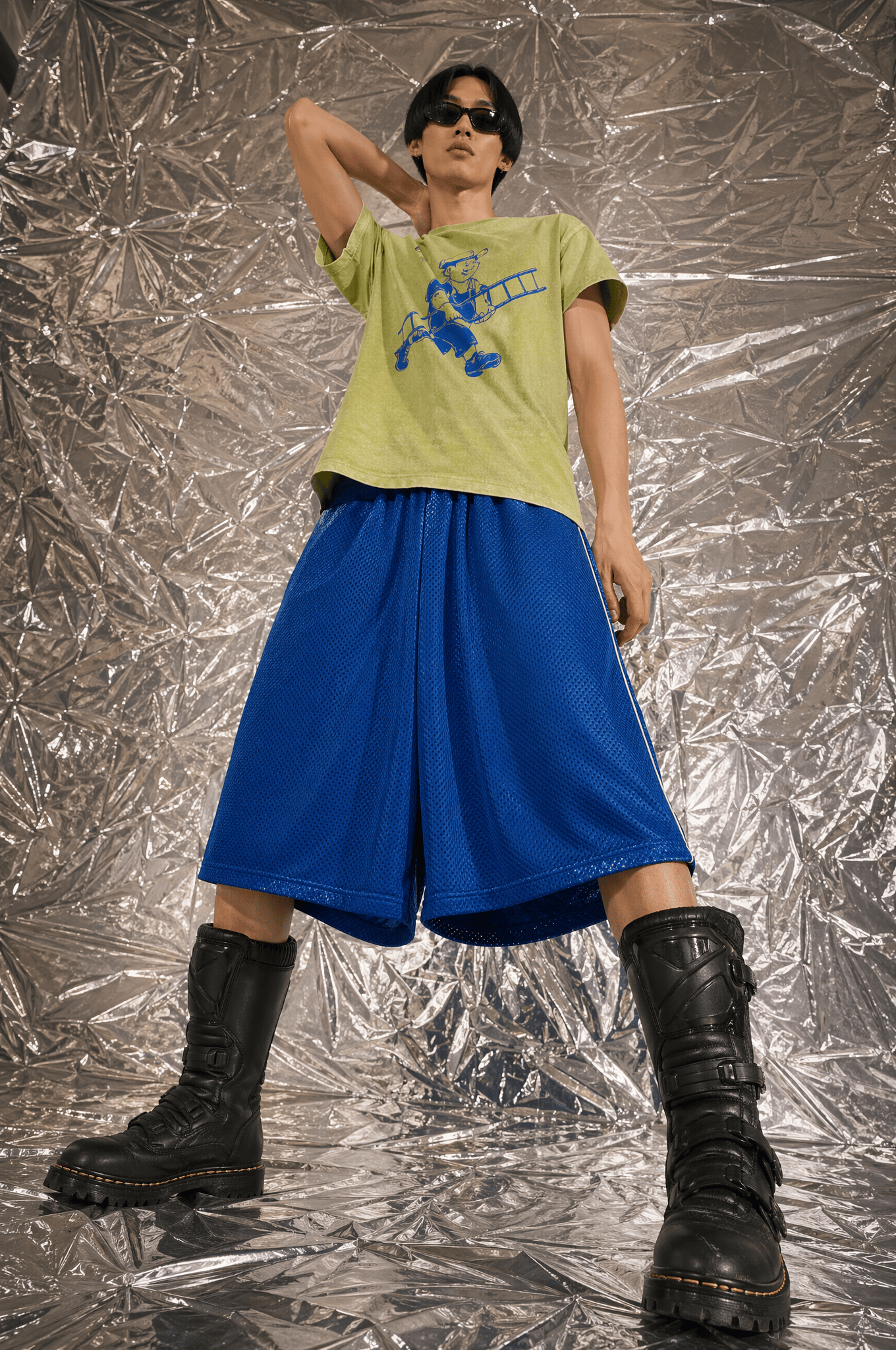 Fashion blue shorts detail.