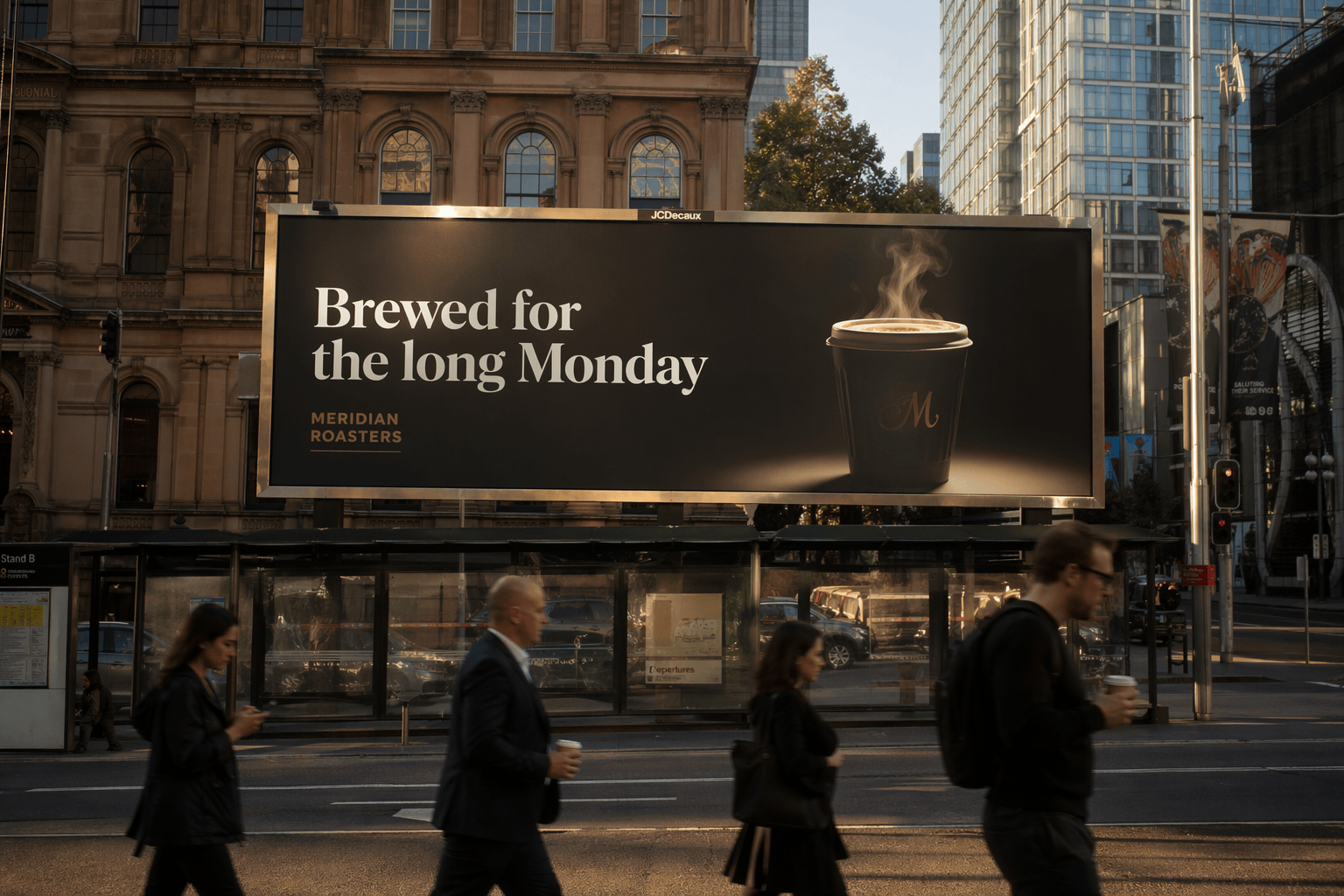 Billboard on a city street at dusk — detailed-prompt render.